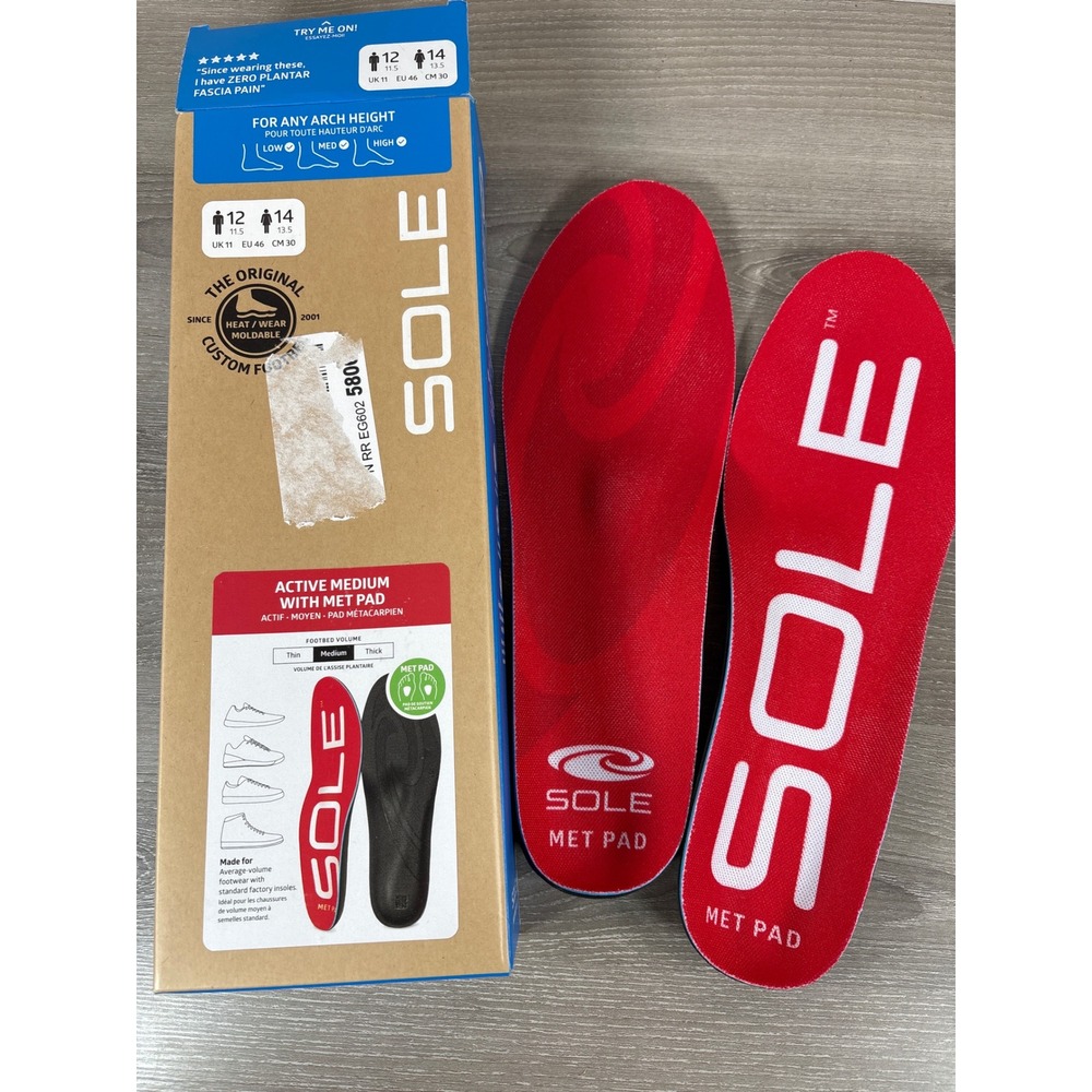 SOLE Active Medium With Met Pad Insoles Red Heat Moldable Mens 12 Womens 14
